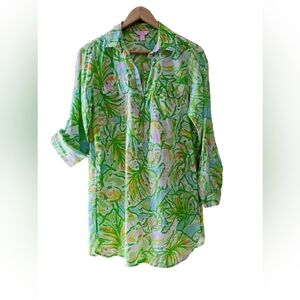 Lily Pulitzer Captiva Tunic Green and Pink Elephant Ears Button Down Sz Small